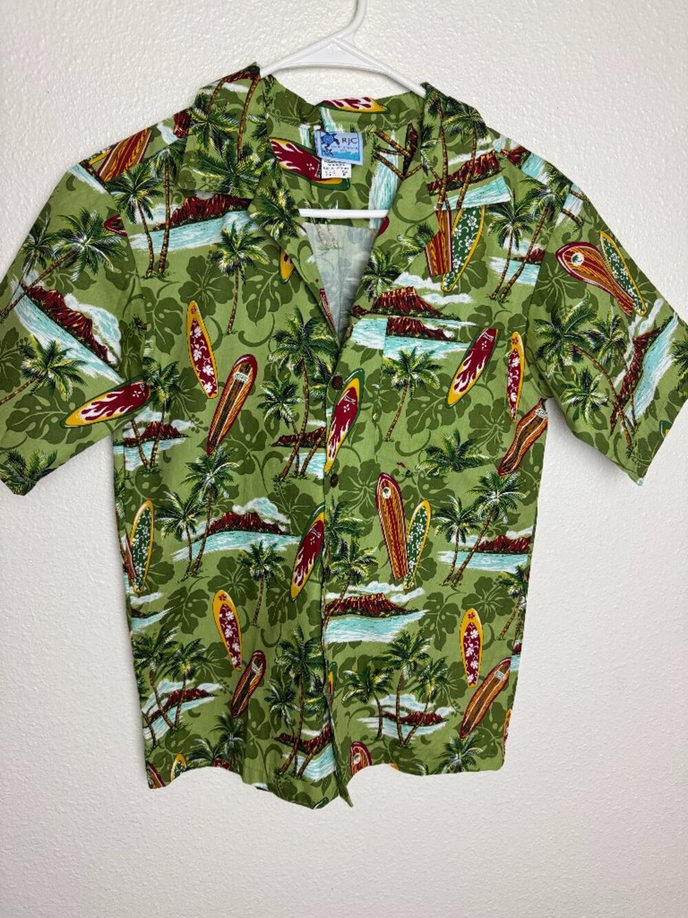 NWOT RJC Kids Green Hawaiian Aloha Shirt Surfboard  Made in Hawaii Size 16